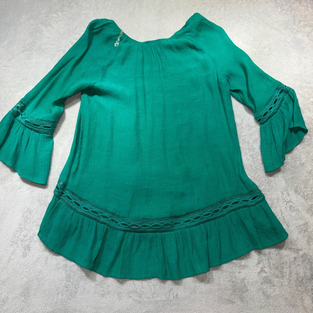 Emerald Green Boho Crochet Lace‎ Ruffle Bell Sleeve Tunic Top Small